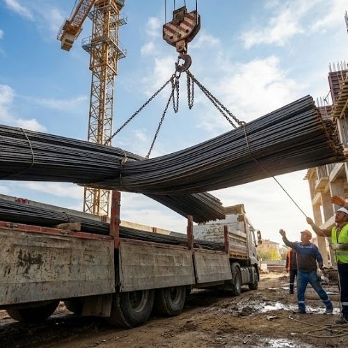 Şantiyede Kule Vinç ile Kamyondan İnşaat Demiri Boşaltma İşlemi
