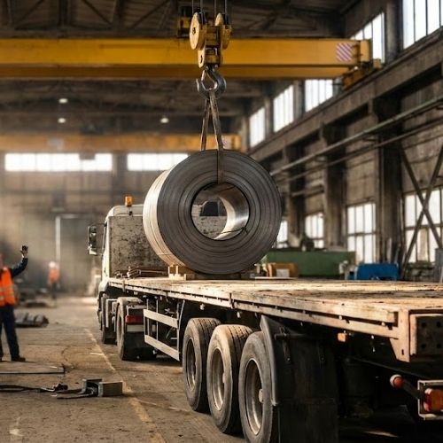 Fabrika içi tavan vinci ile açık kasa kamyona rulo sac ve demir yükleme işlemi